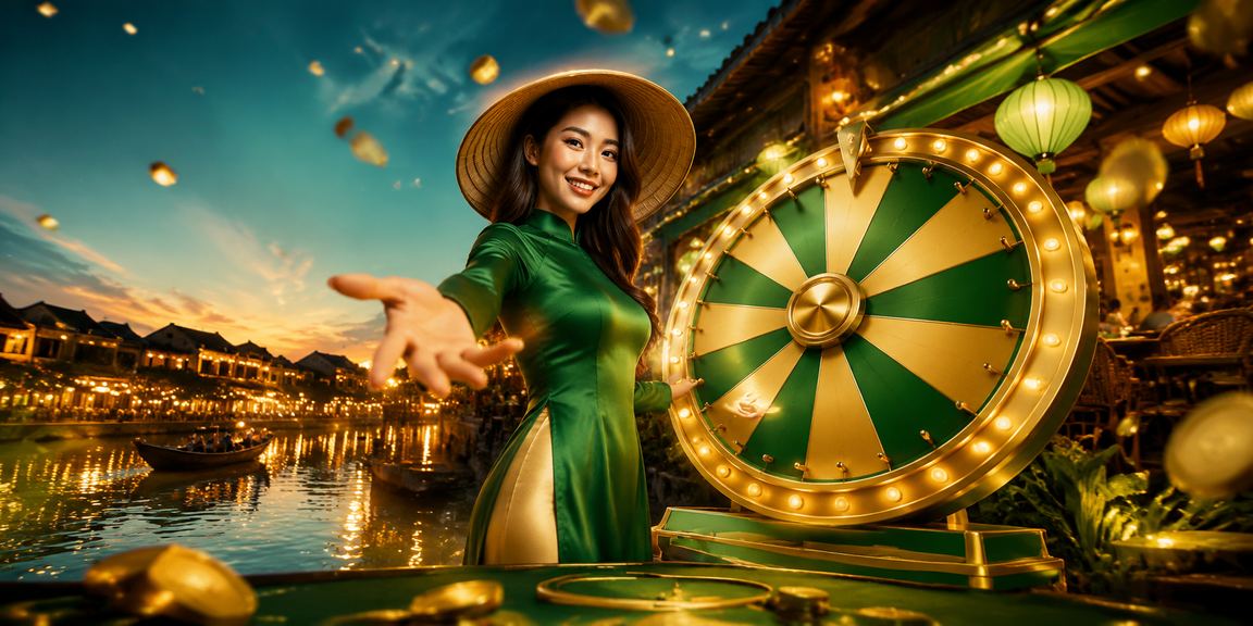 Không khí casino sôi động tại Hội An với bàn roulette và hình ảnh nón lá truyền thống Việt Nam